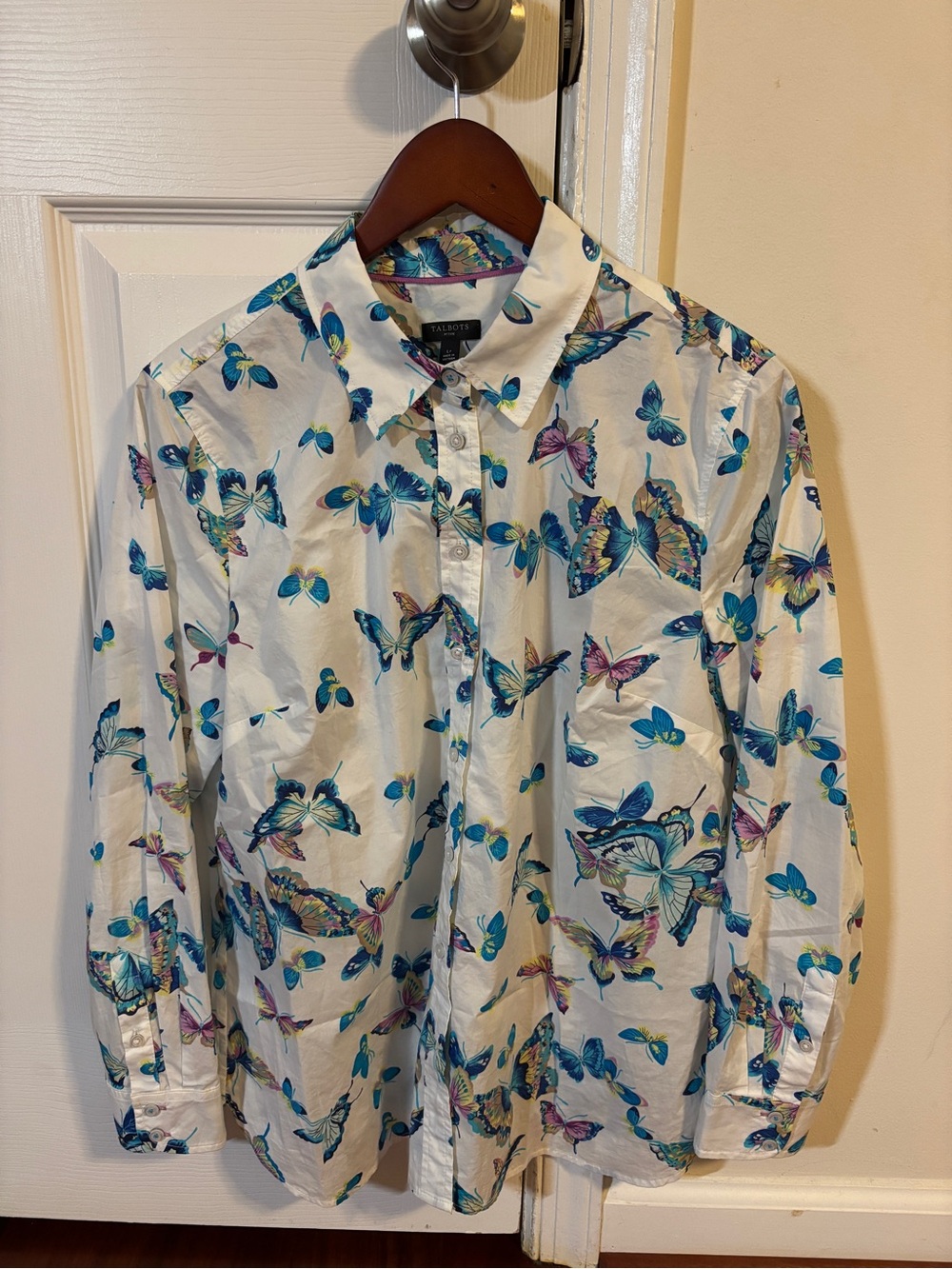 Talbots White Button-Down Shirt with Blue & Teal Butterfly Print